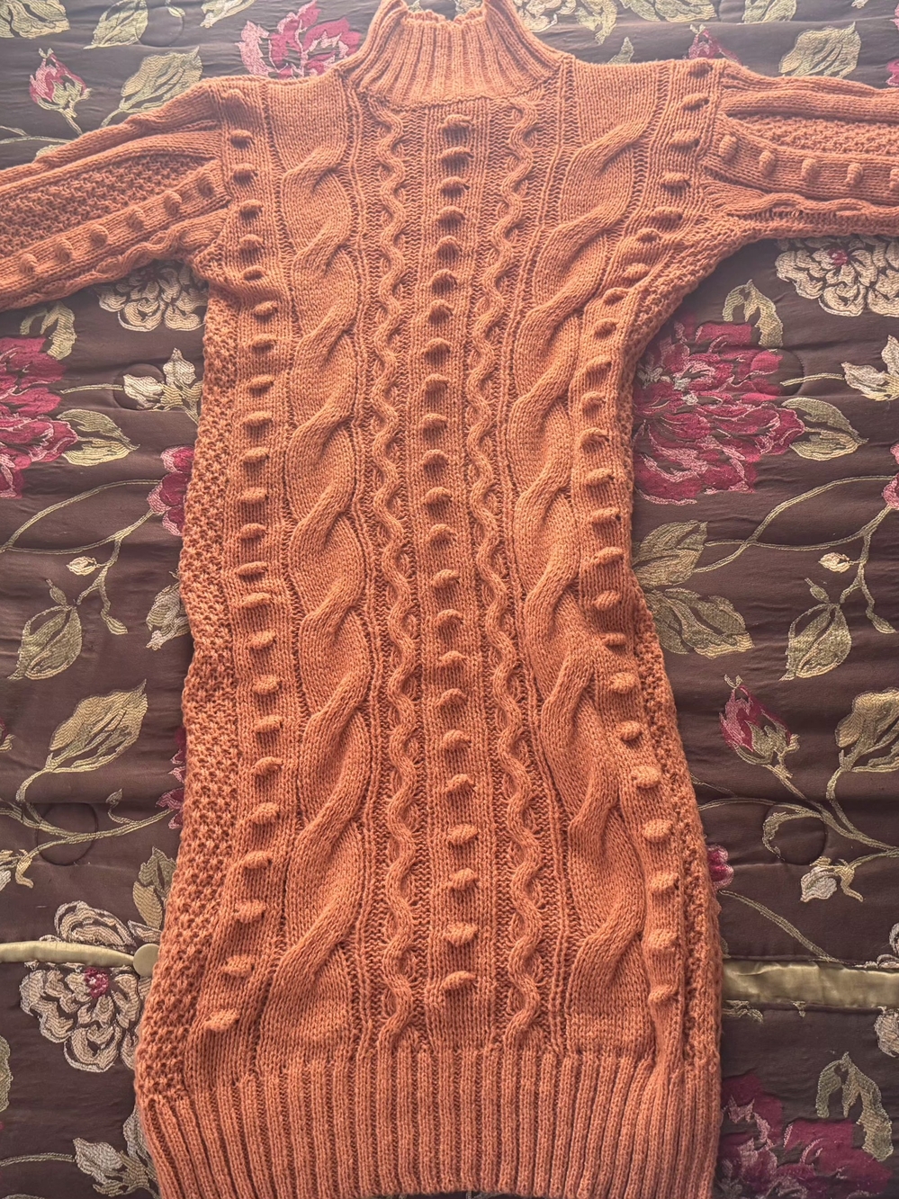Chunky Cable Knit Turtleneck Dress in Orange